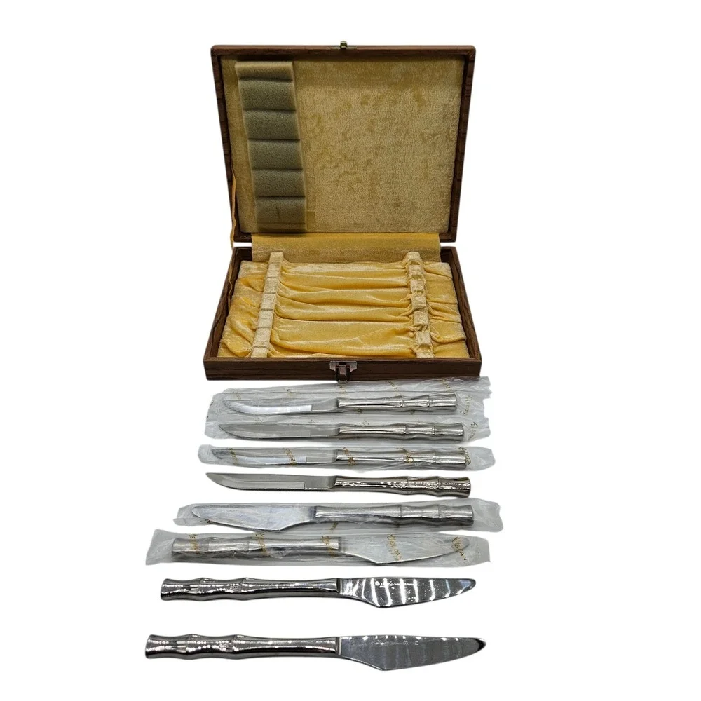 VTG Eldan Bamboo Handle Design‎ Stainless Steel Japan 8 Pc Knife Set w box READ